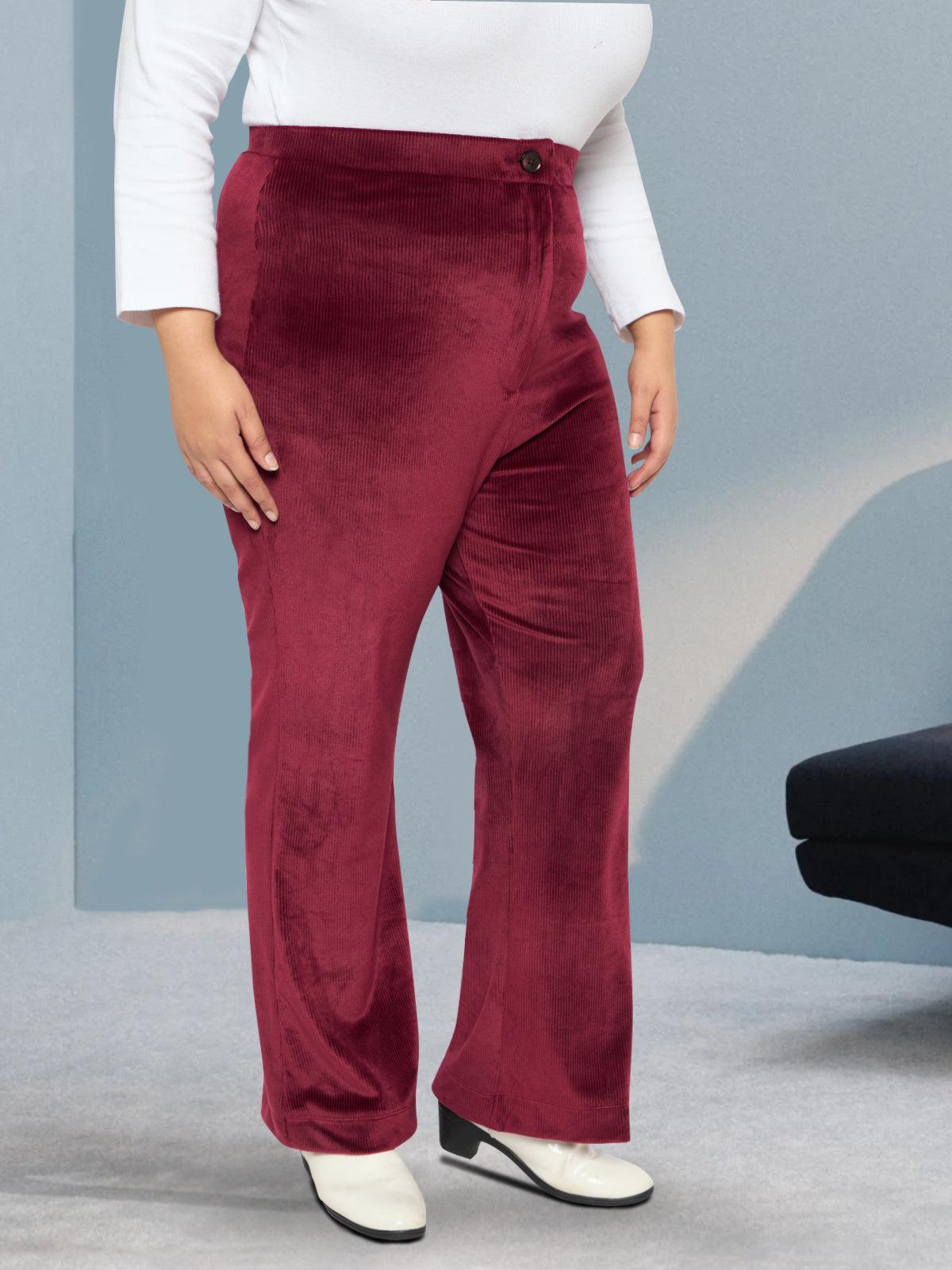 Maroon Plus Size Velvet Corduroy Trouser