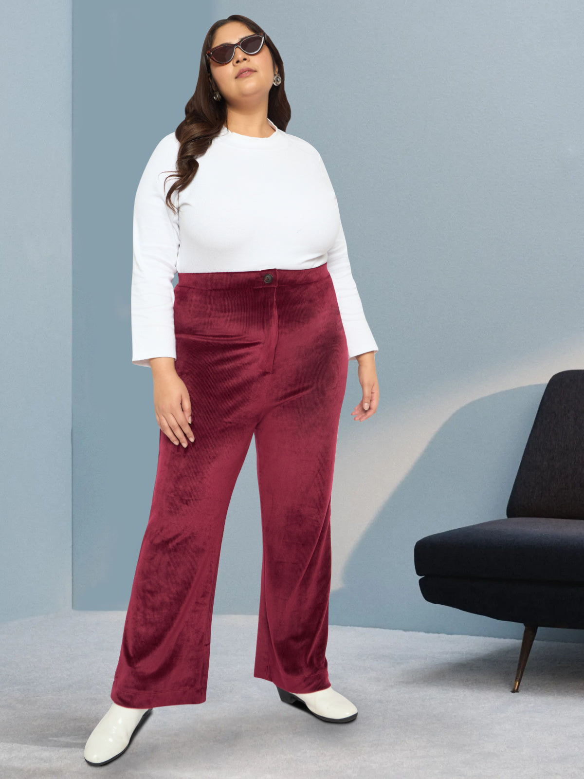 Maroon Plus Size Velvet Corduroy Trouser