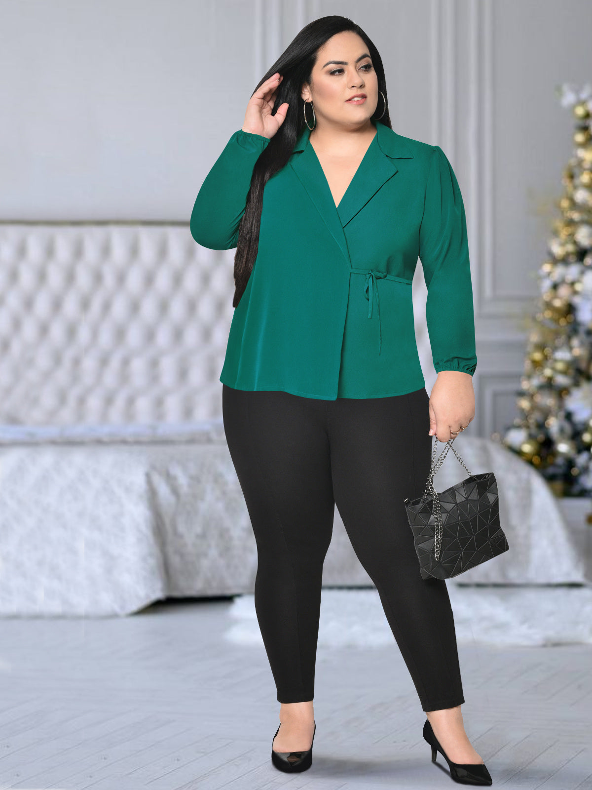 Women Black White Plus Size Buttoned Tunic Top