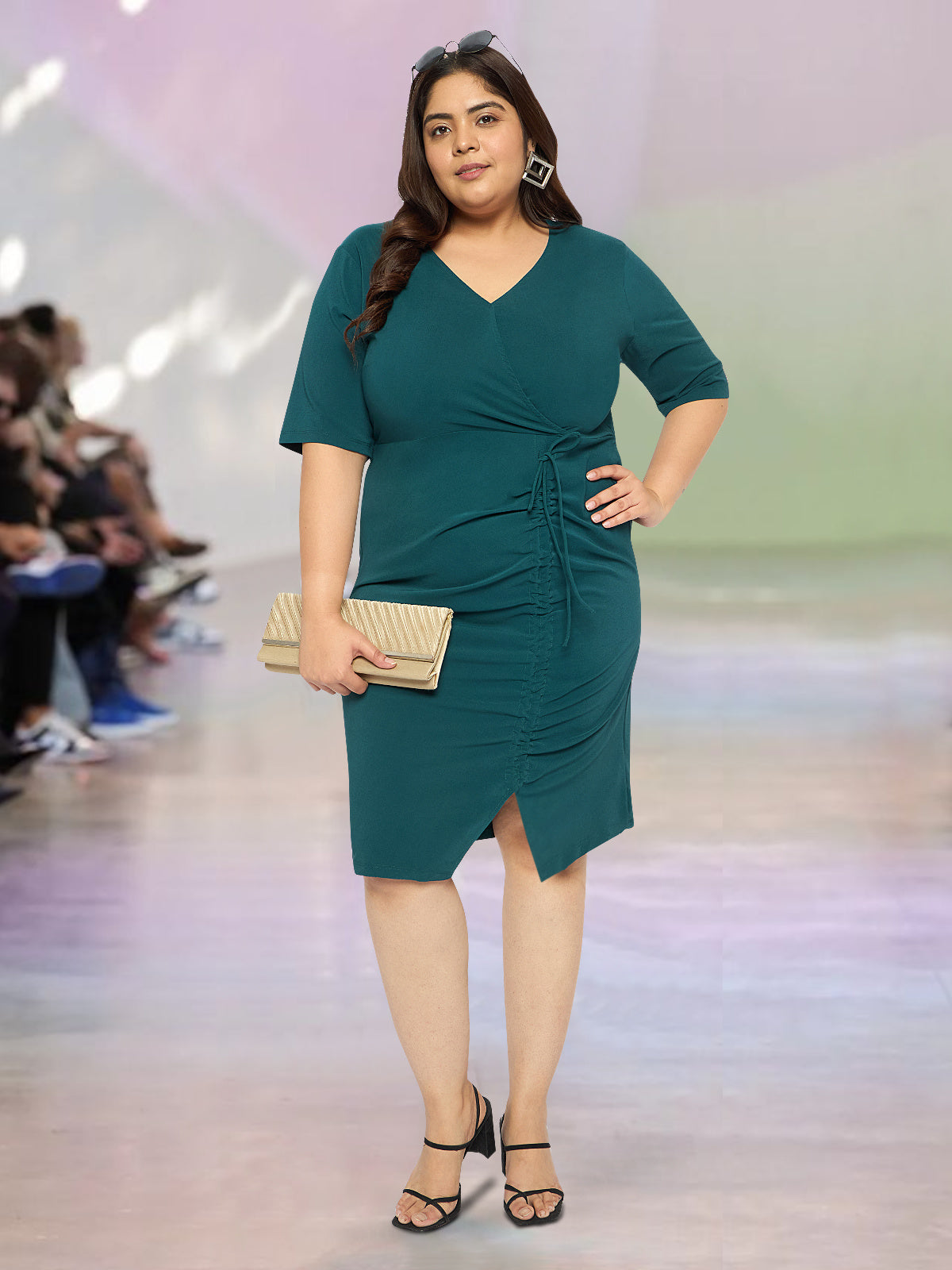 Women Green Plus Size Slit Ruched Dress