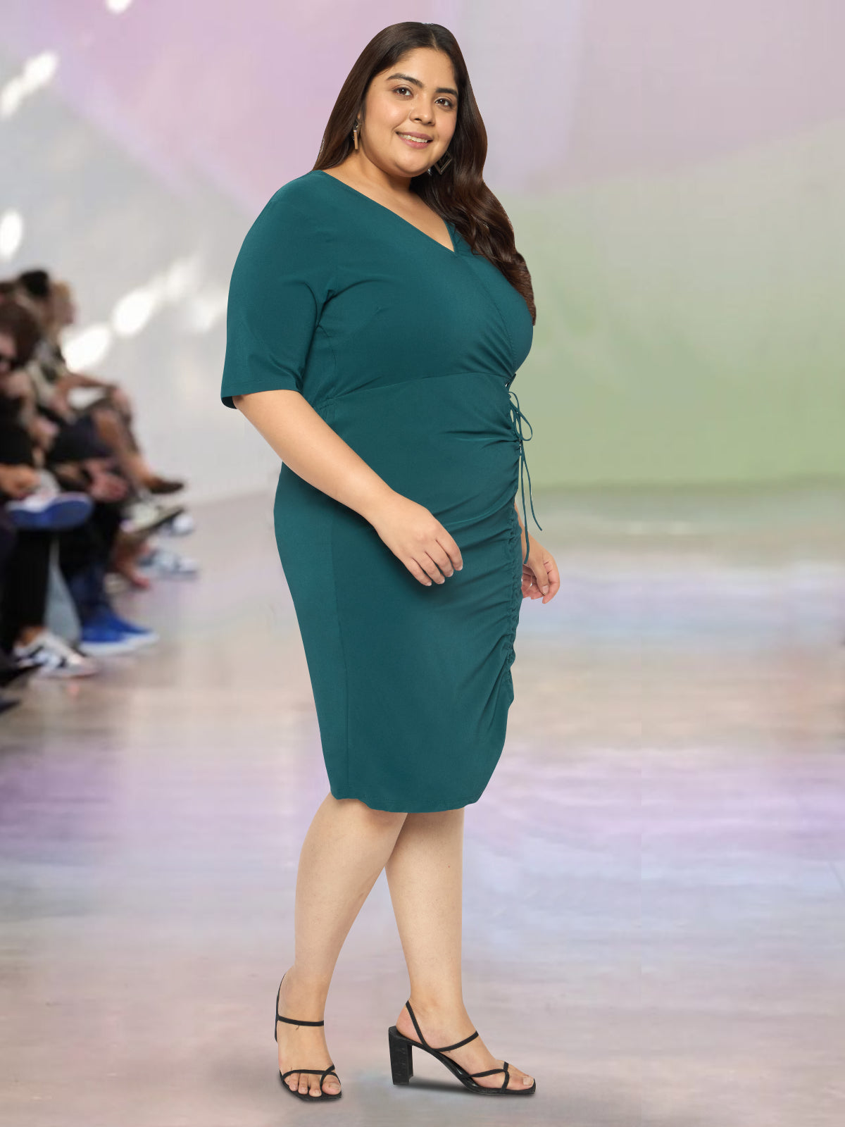 Women Green Plus Size Slit Ruched Dress