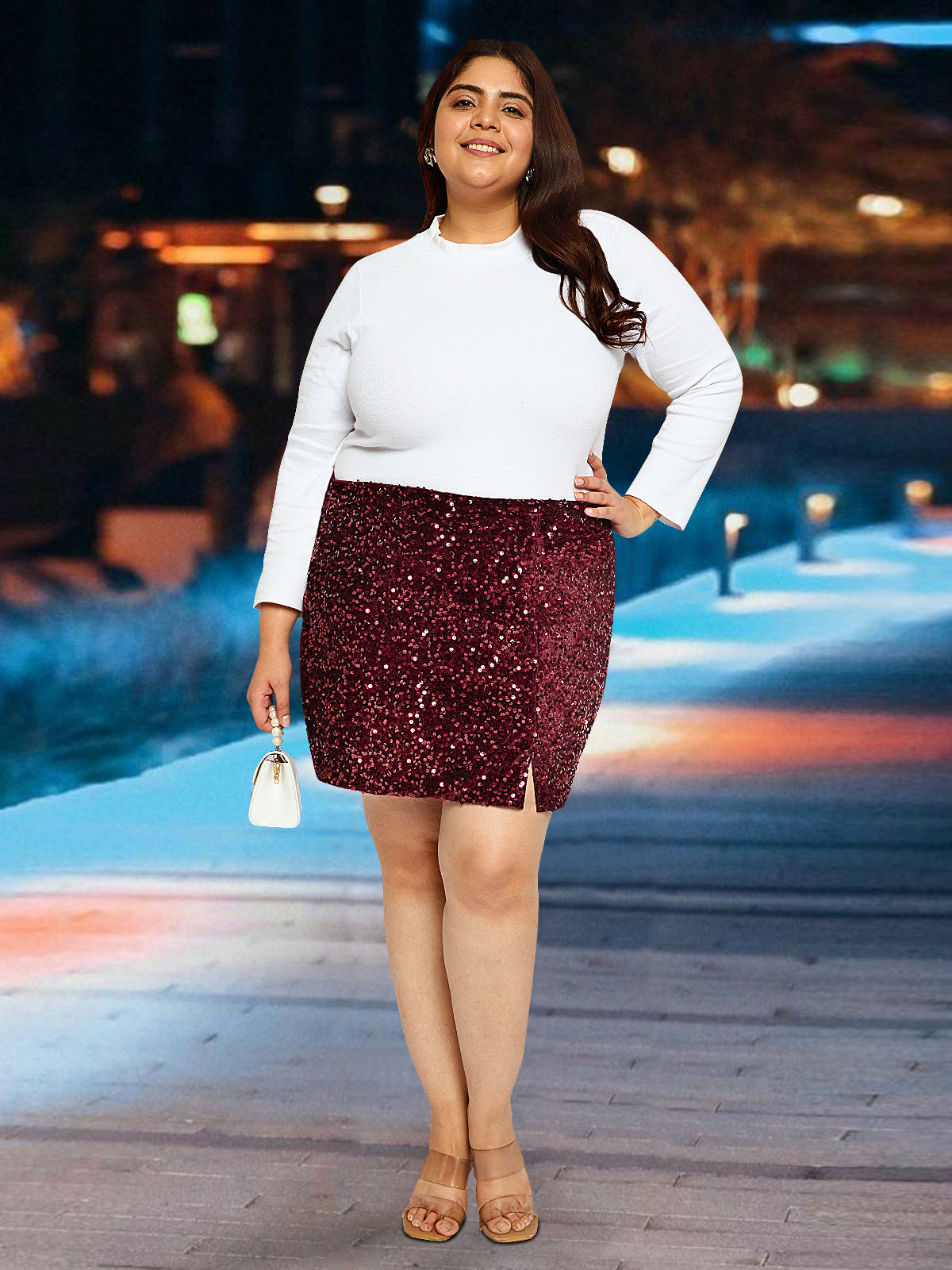 Maroon Velvet Plus Size Sequin Mini Skirt