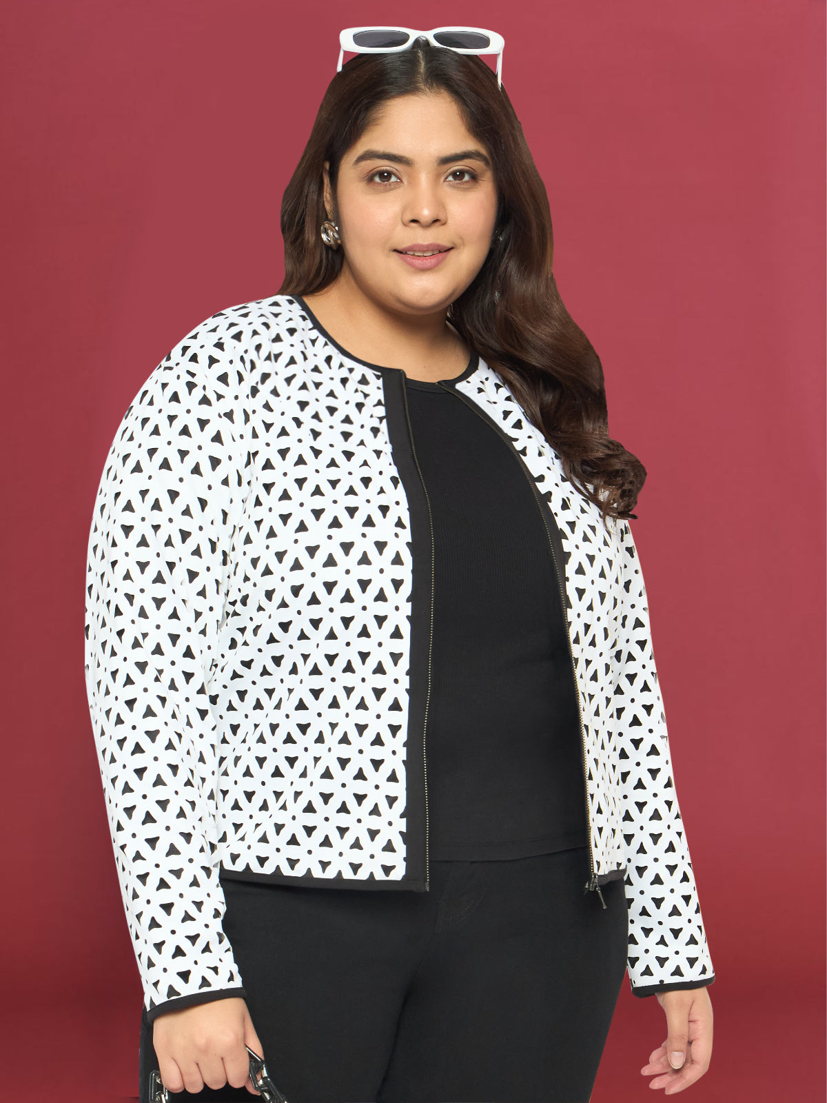 White Plus Size Laser Cut Biker Jacket