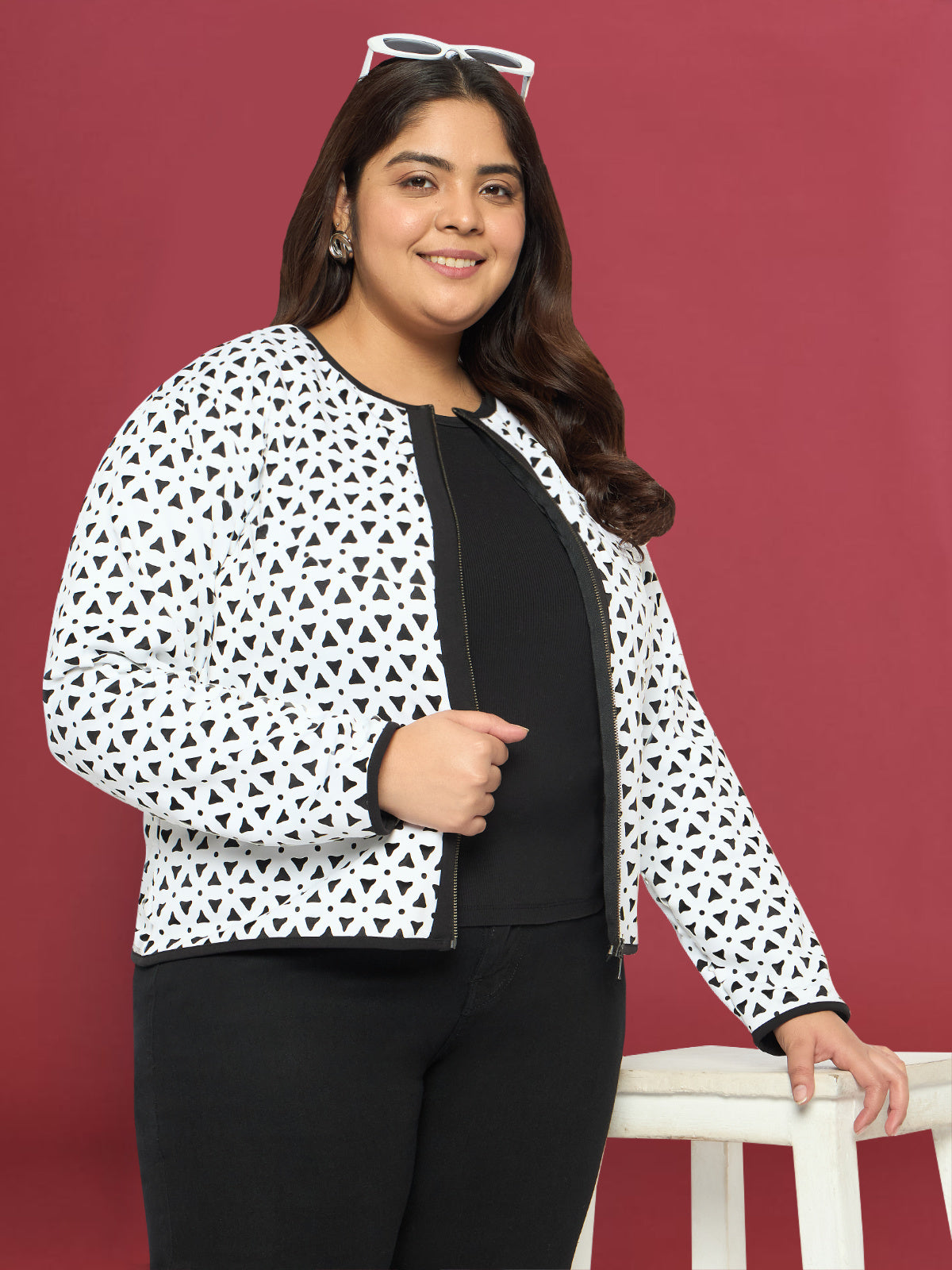White Plus Size Laser Cut Biker Jacket