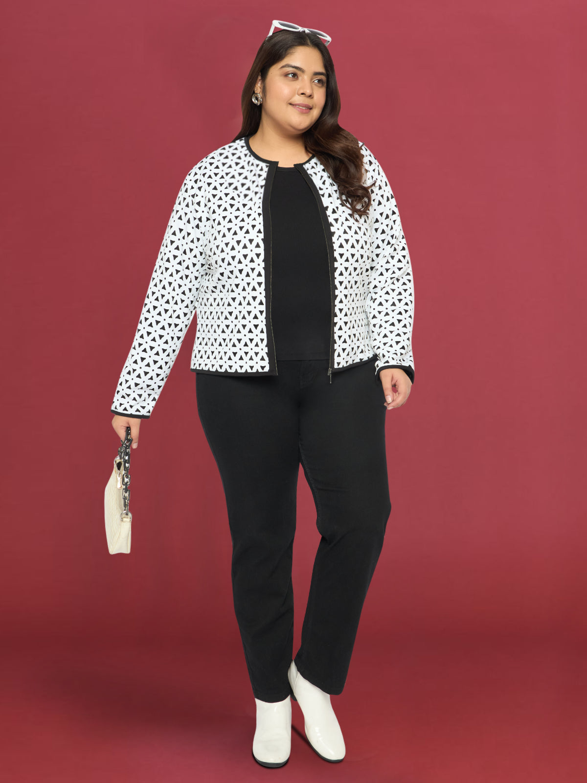 White Plus Size Laser Cut Biker Jacket