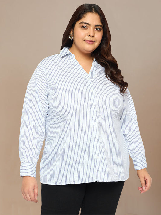 Women Black White Plus Size Buttoned Tunic Top