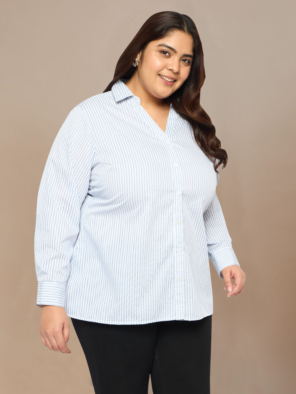 Women Black White Plus Size Buttoned Tunic Top