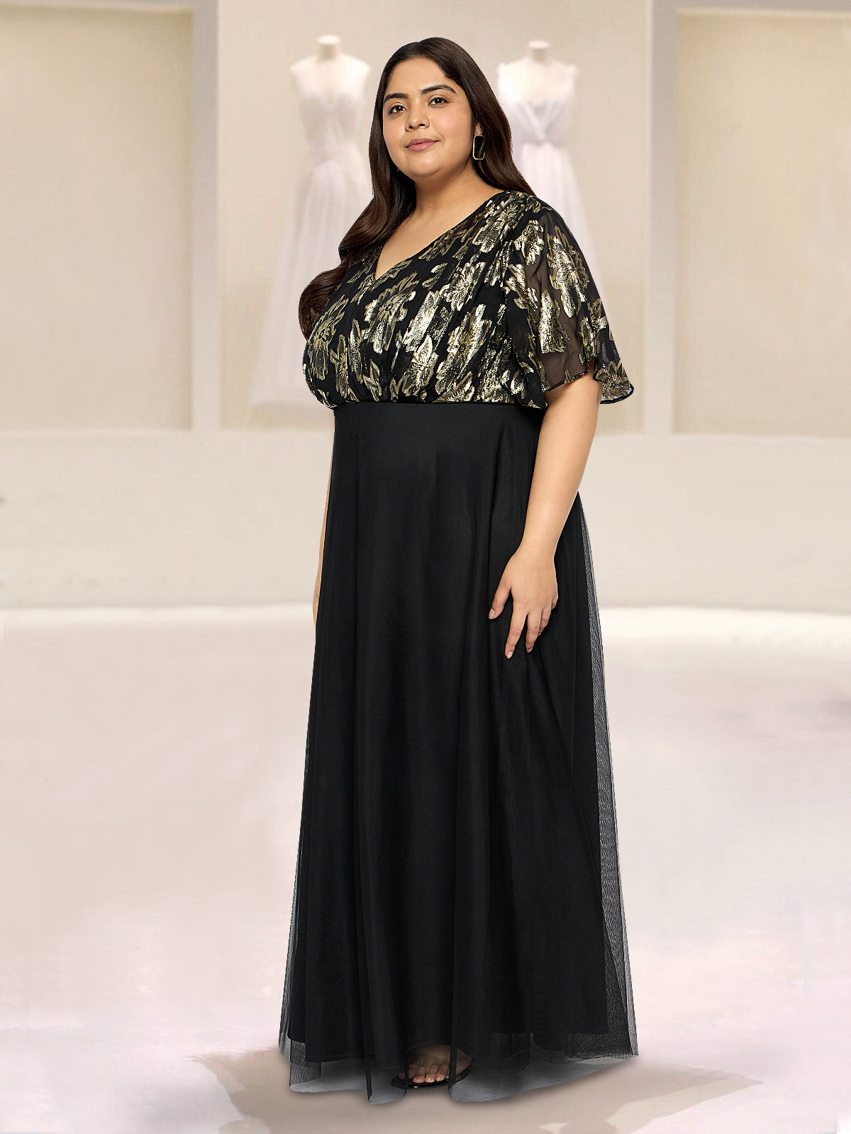 Black Golden Plus Size Butterfly Sleeve Gown