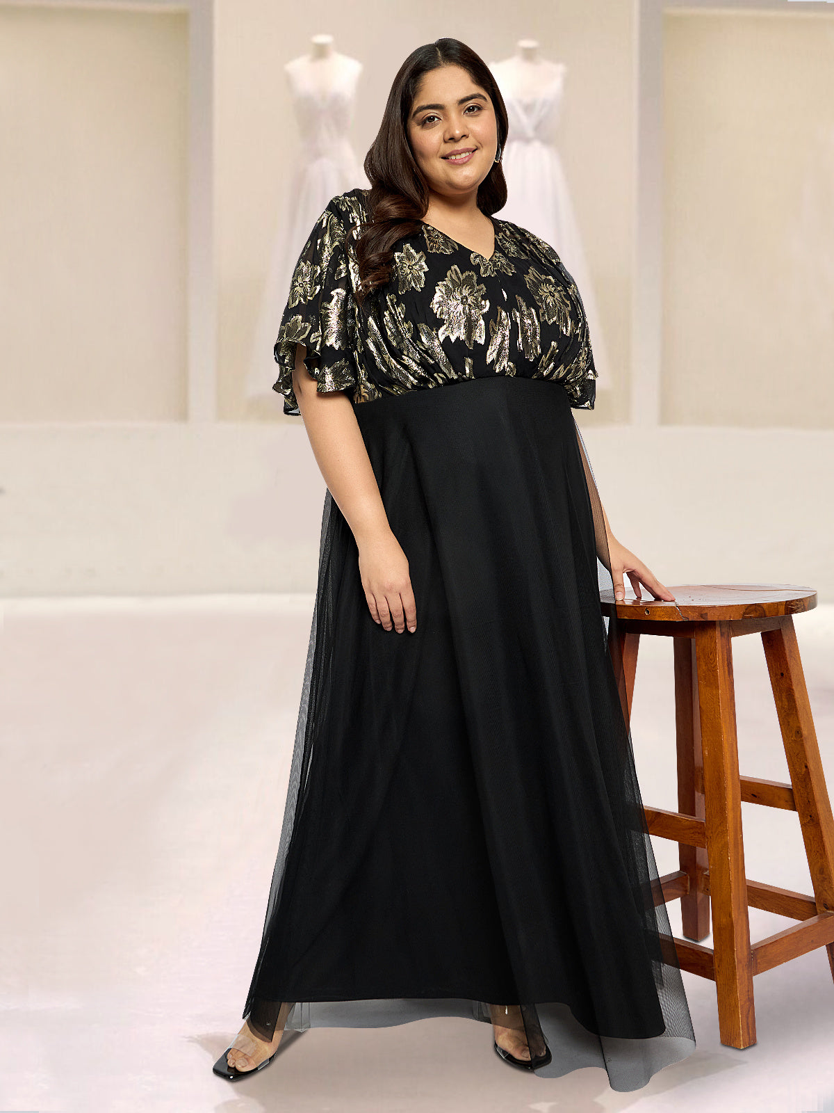 Black Golden Plus Size Butterfly Sleeve Gown
