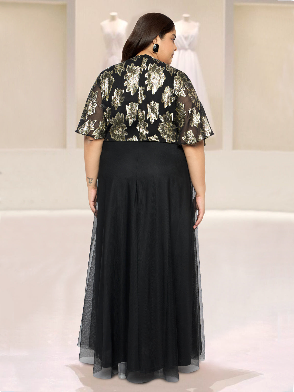 Black Golden Plus Size Butterfly Sleeve Gown