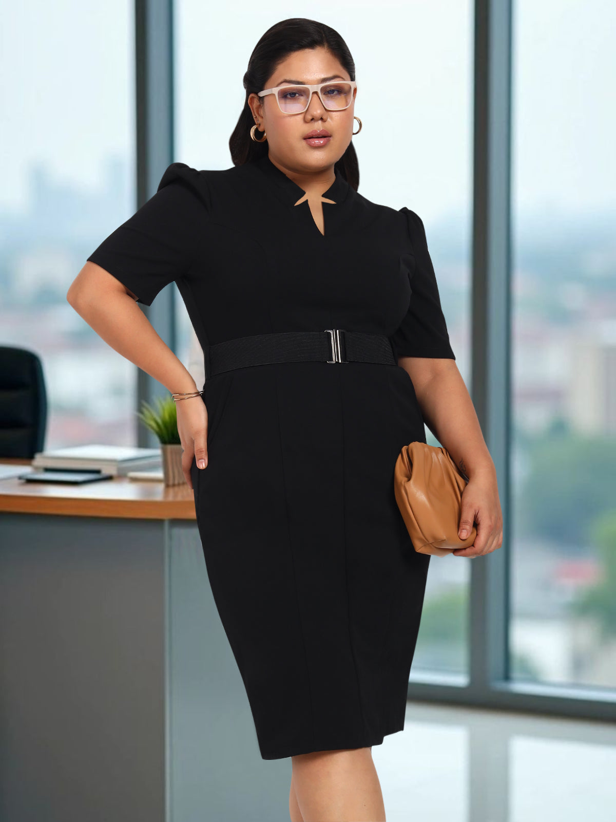 Women Black Plus Size Elastic Belt Formal Dress