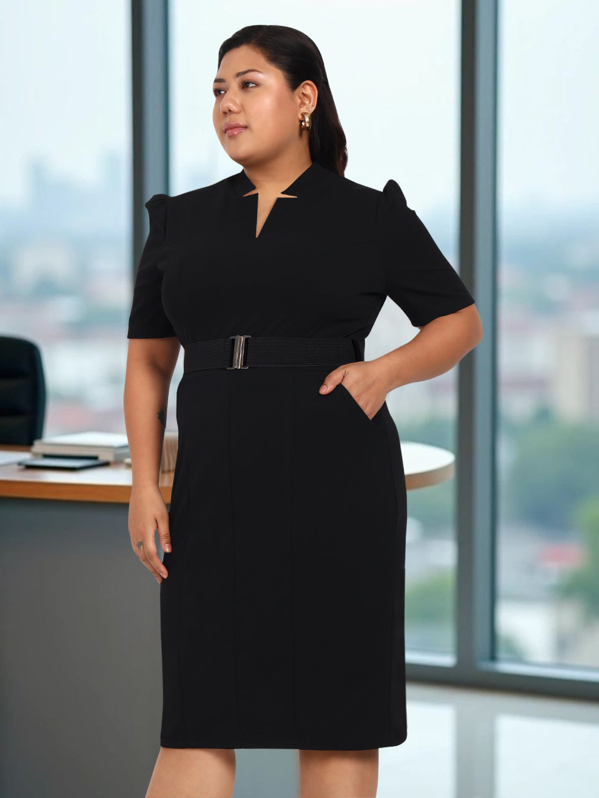 Women Black Plus Size Elastic Belt Formal Dress