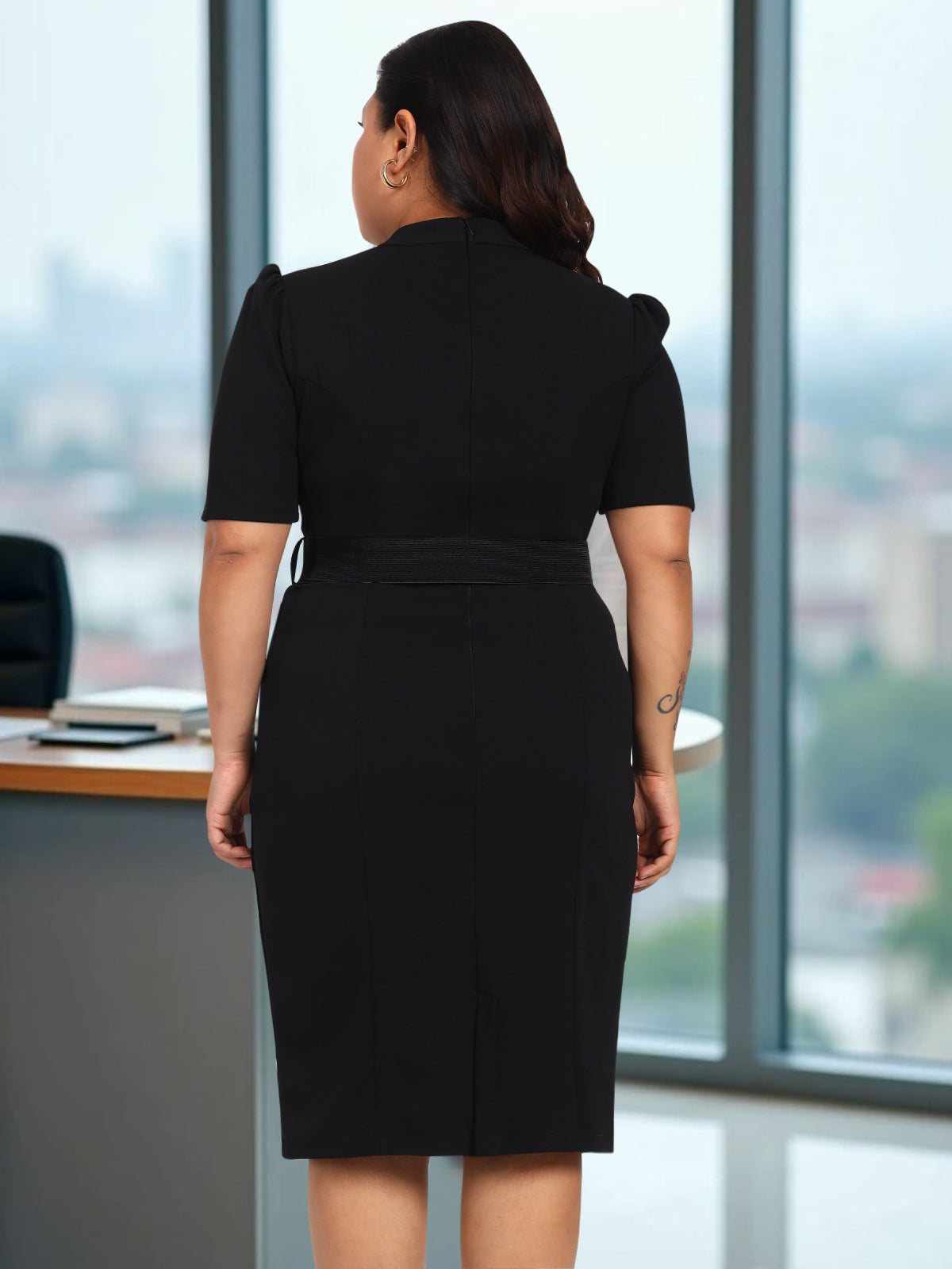 Women Black Plus Size Elastic Belt Formal Dress