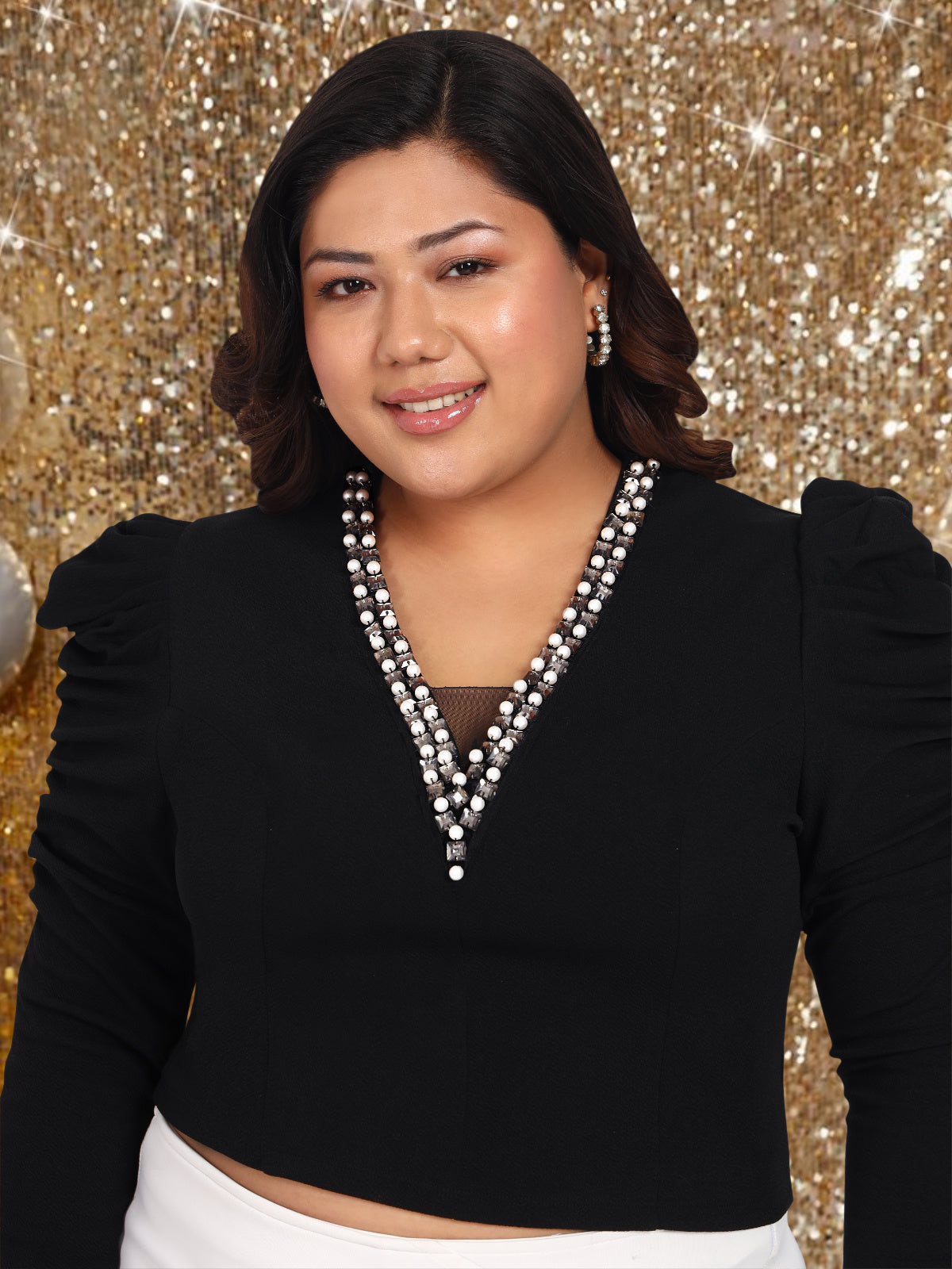Women Black White Plus Size Buttoned Tunic Top