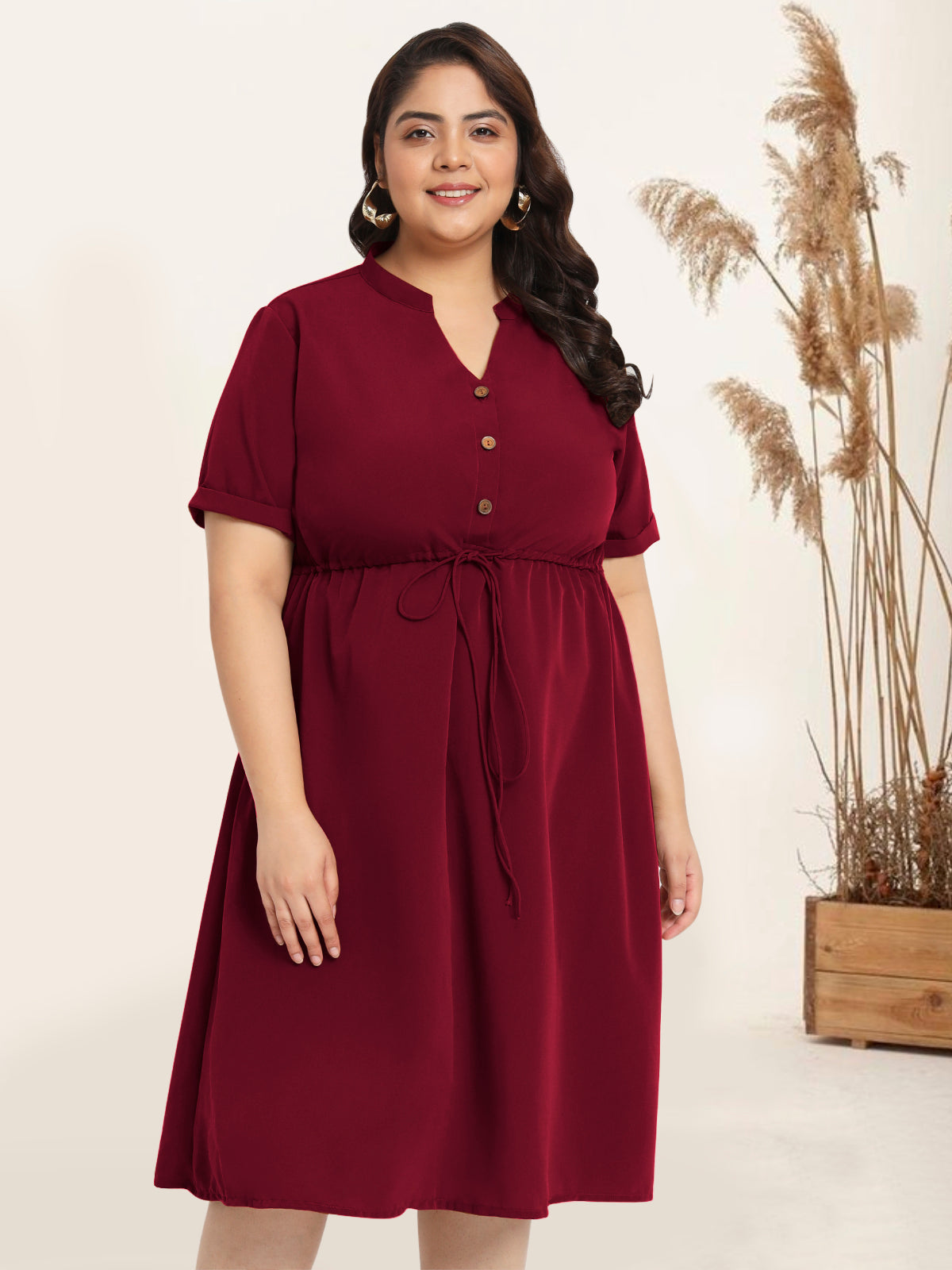 Women Maroon Plus Size Shirt Dress