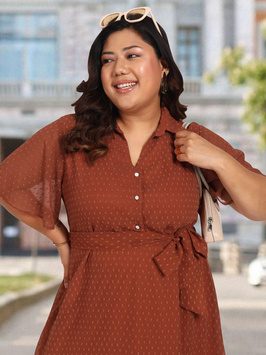 Women Brown Dobby Plus Size Shirt Western Dress