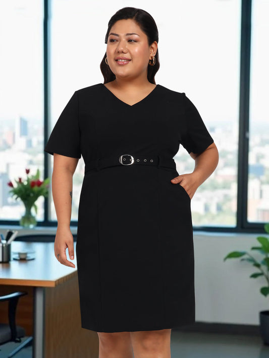 Women Black Plus Size Formal Dress with Belt