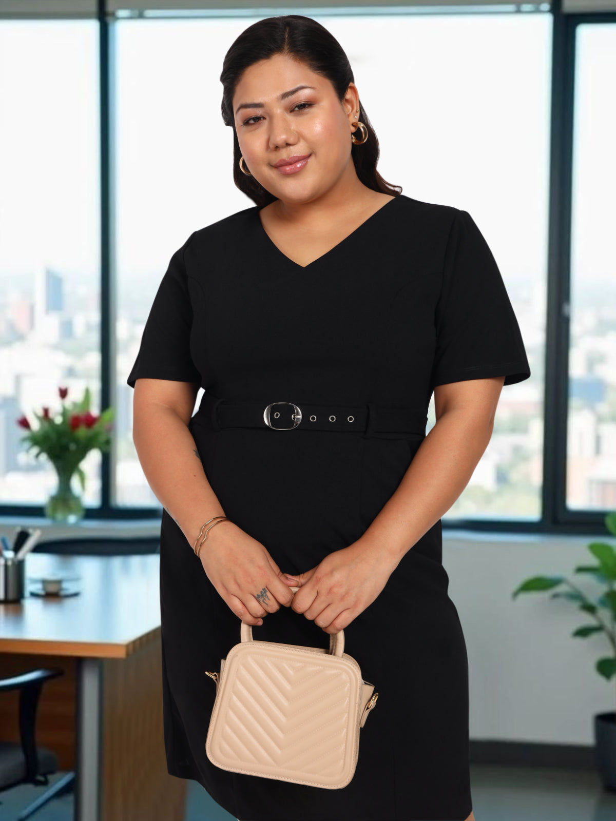 Women Black Plus Size Formal Dress with Belt