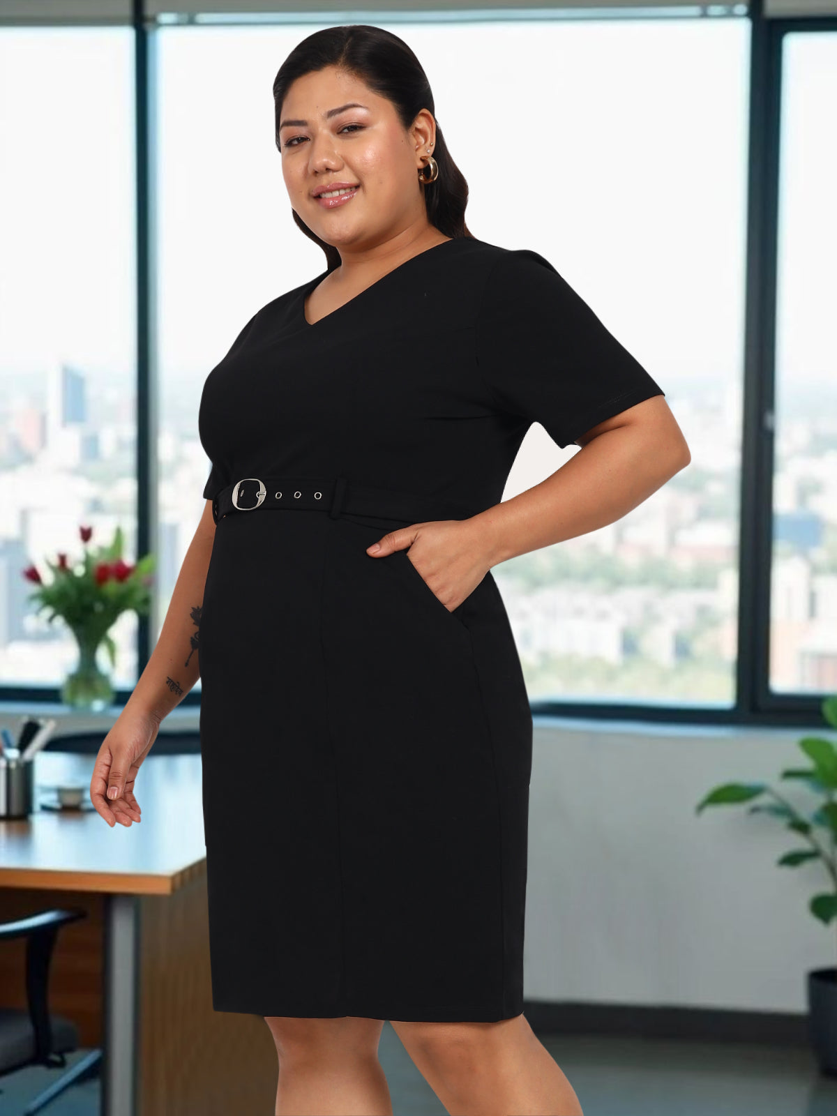 Women Black Plus Size Formal Dress with Belt