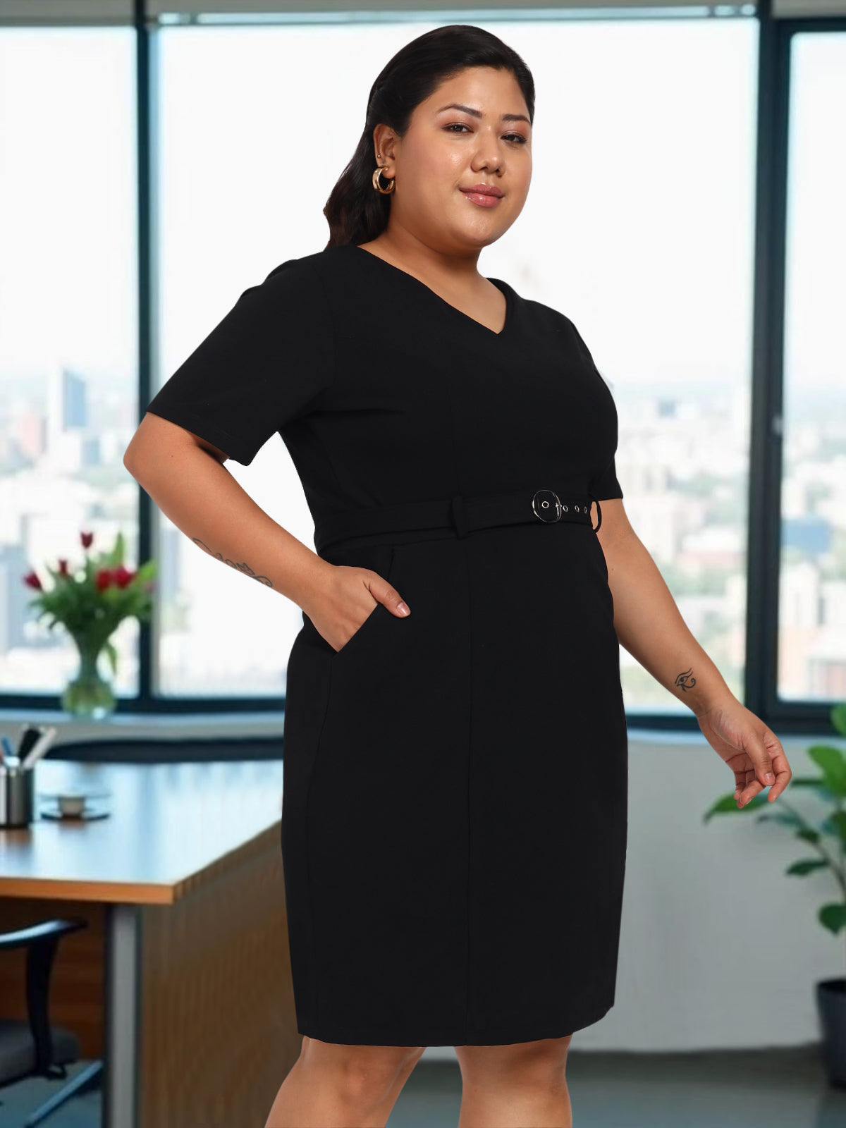 Women Black Plus Size Formal Dress with Belt