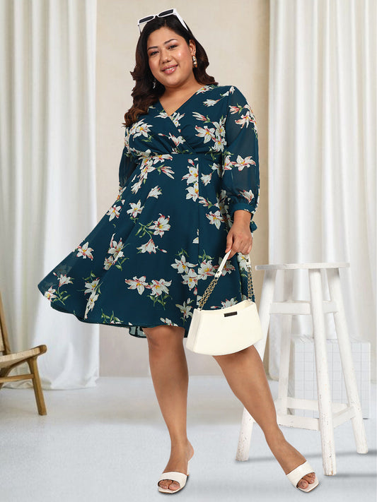 Women Turquoise Blue Plus Size Floral Dress