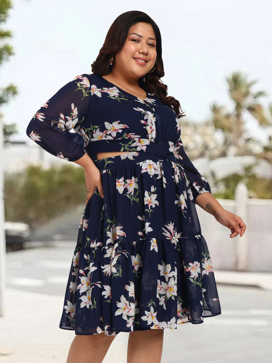 Women Navy Blue Plus Size Floral Cutout Western Dress