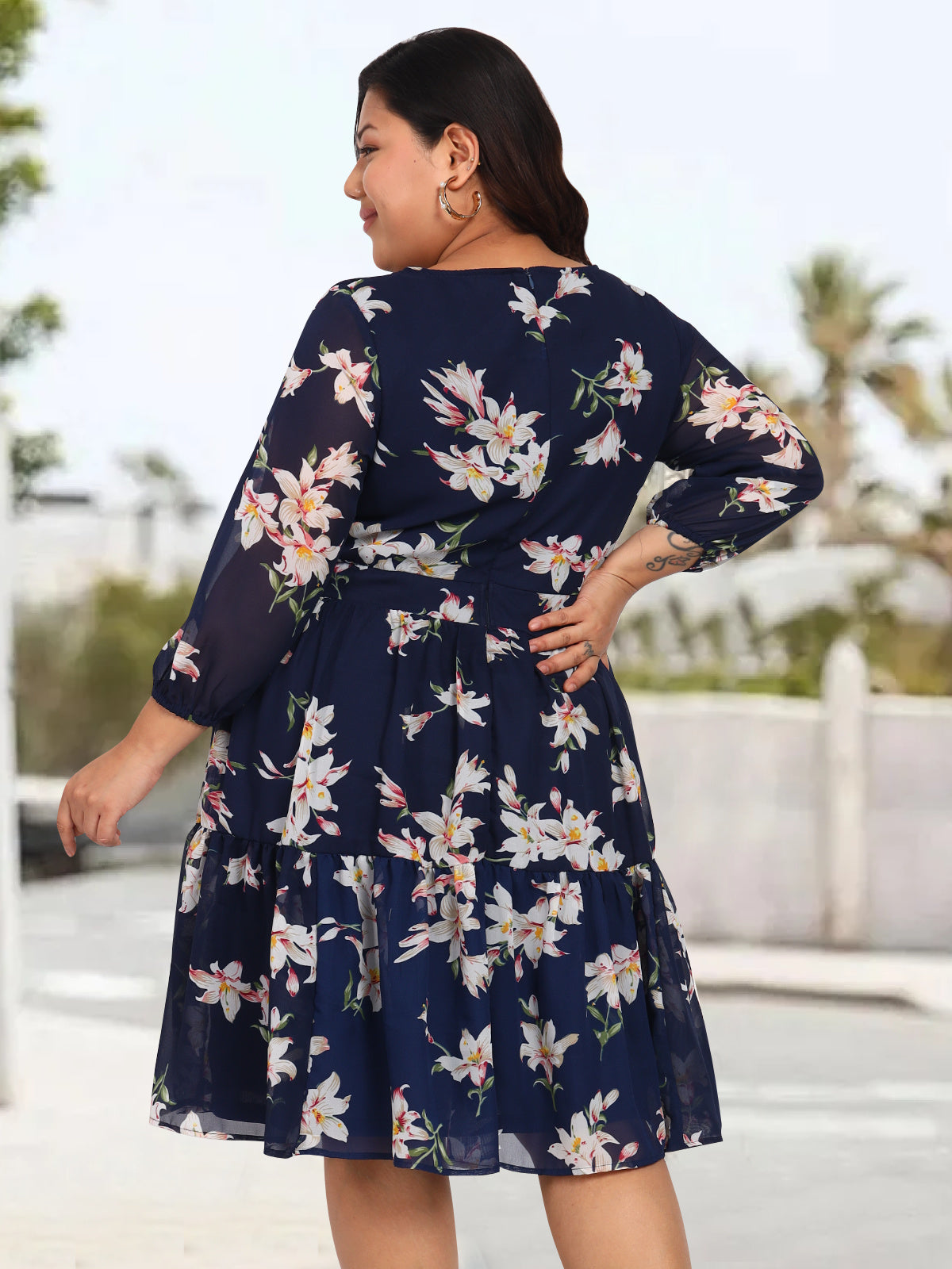 Women Navy Blue Plus Size Floral Cutout Western Dress