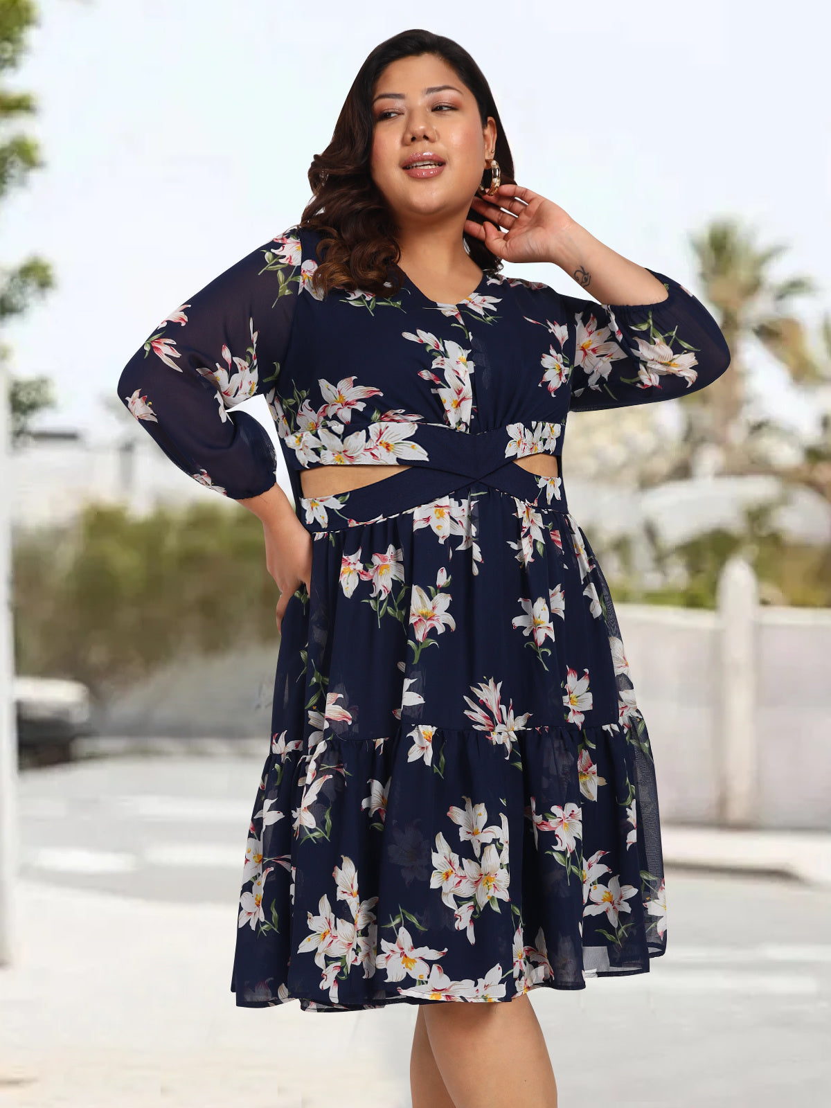 Women Navy Blue Plus Size Floral Cutout Western Dress