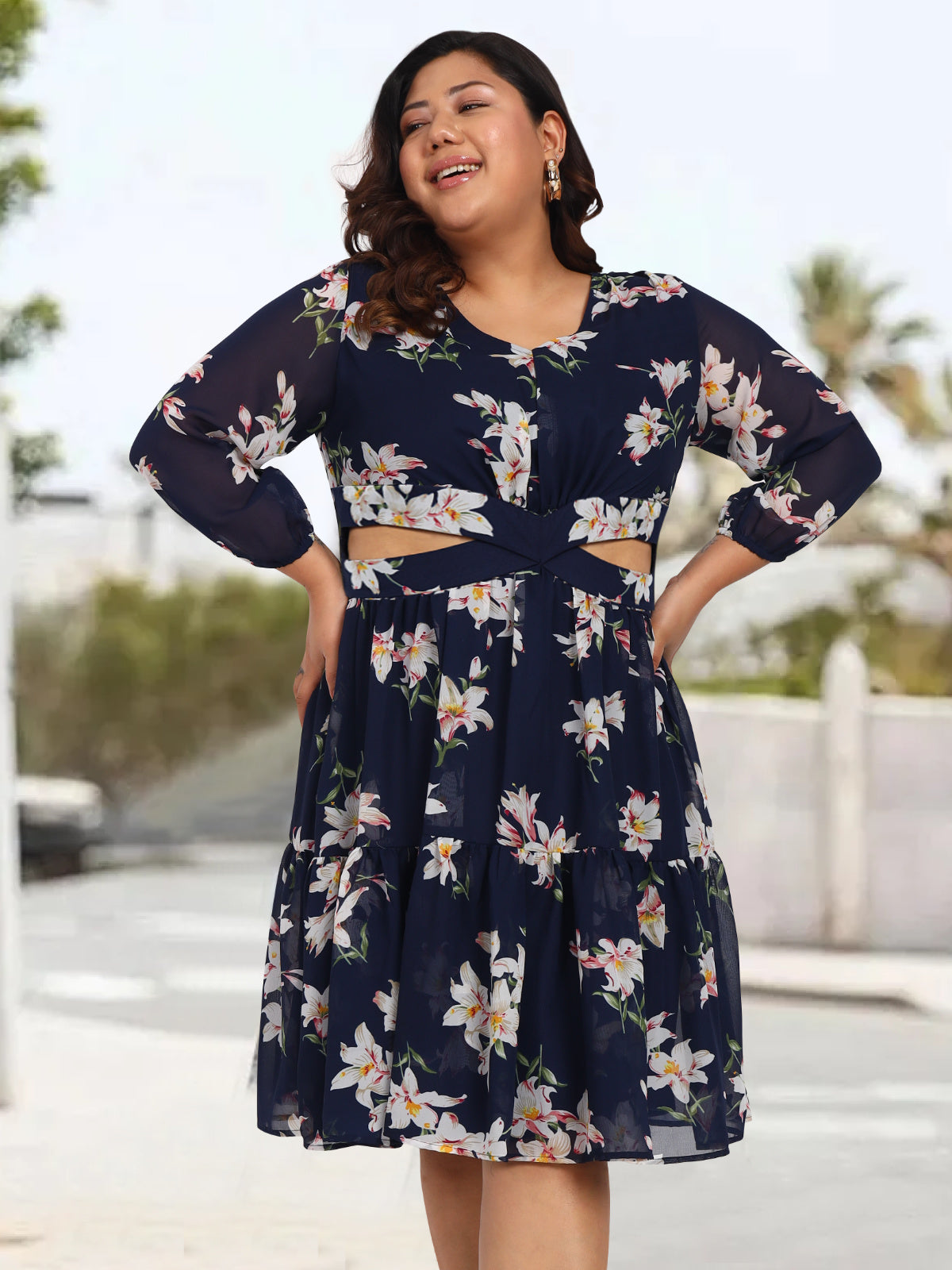 Women Navy Blue Plus Size Floral Cutout Western Dress