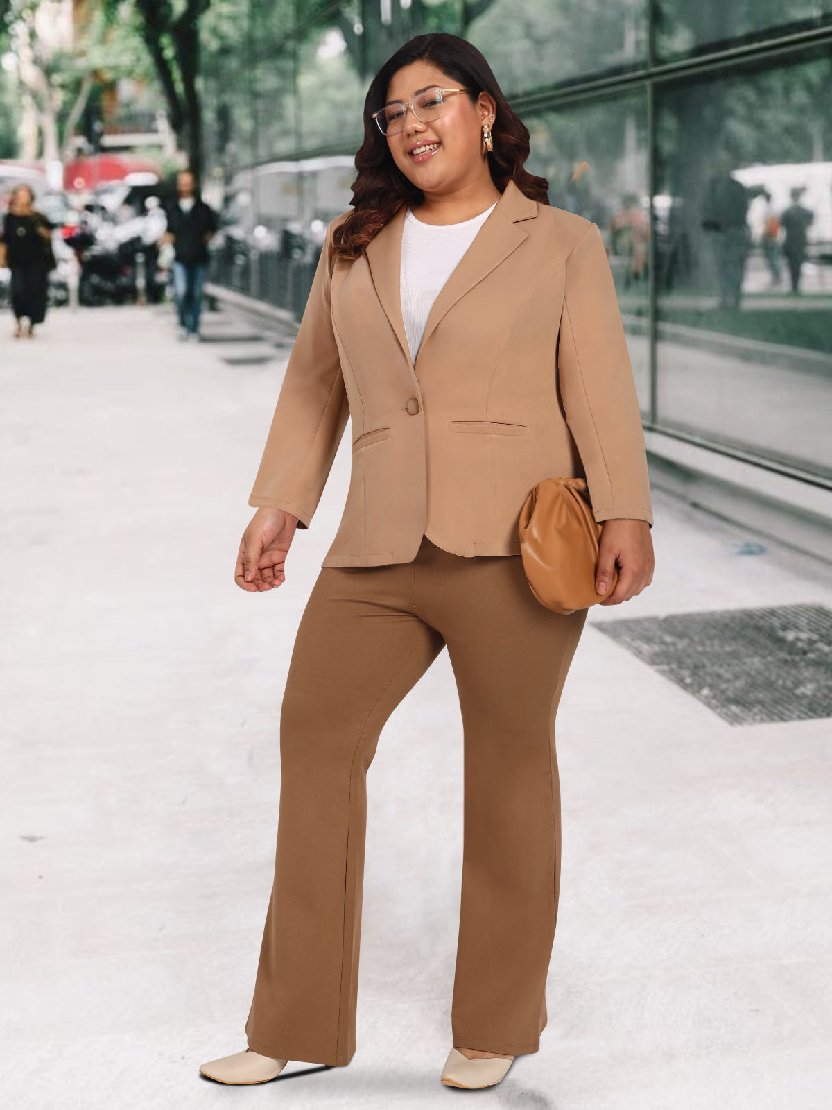 Women Beige Plus Size Tailored Fit Blazer
