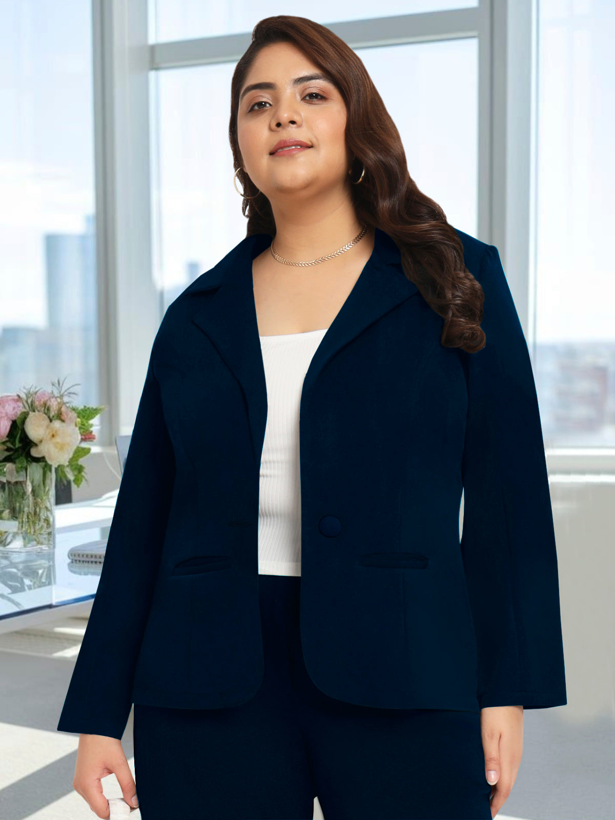 Women Navy Blue Plus Size Tailored Fit Blazer