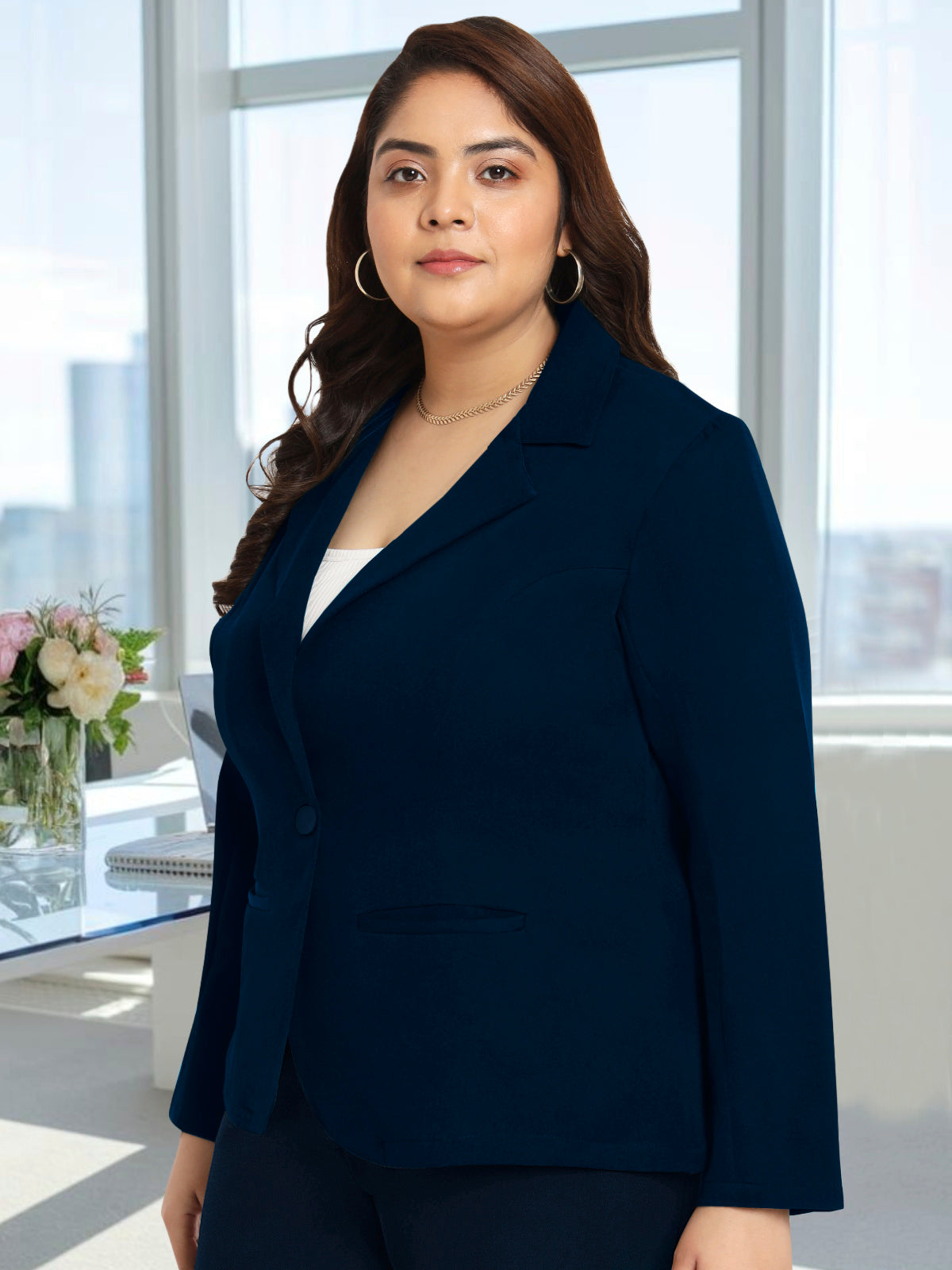 Women Navy Blue Plus Size Tailored Fit Blazer