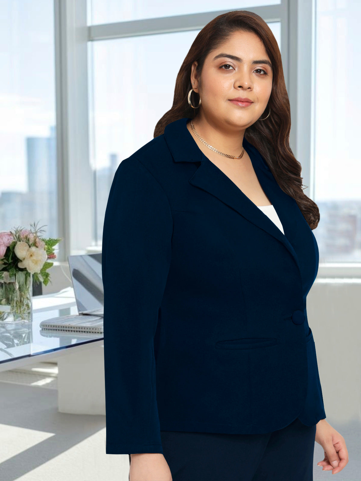 Women Navy Blue Plus Size Tailored Fit Blazer