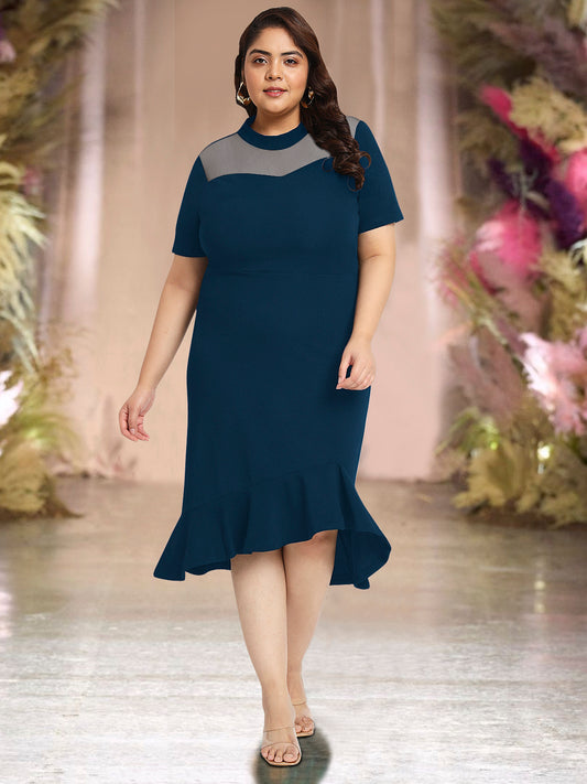 Blue Plus Size Net Yoke Bodycon Dress