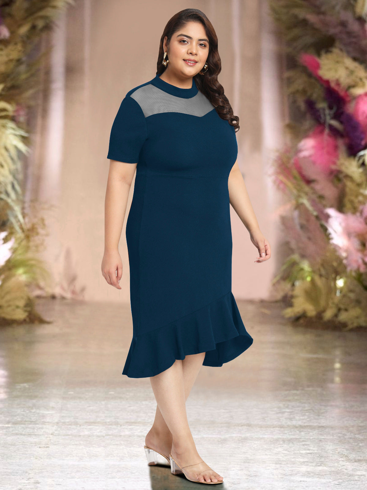 Blue Plus Size Net Yoke Bodycon Dress
