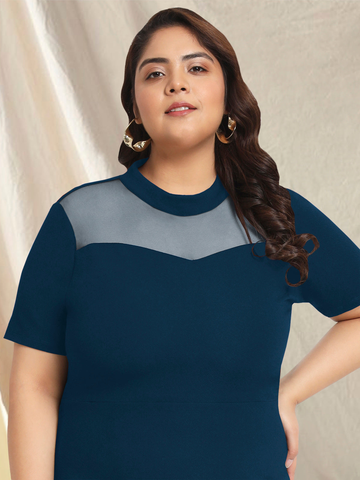 Women Blue Plus Size Net Yoke Bodycon Dress