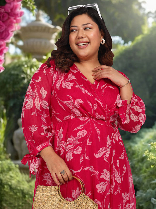 Women Pink White Plus Size Floral Western Dress