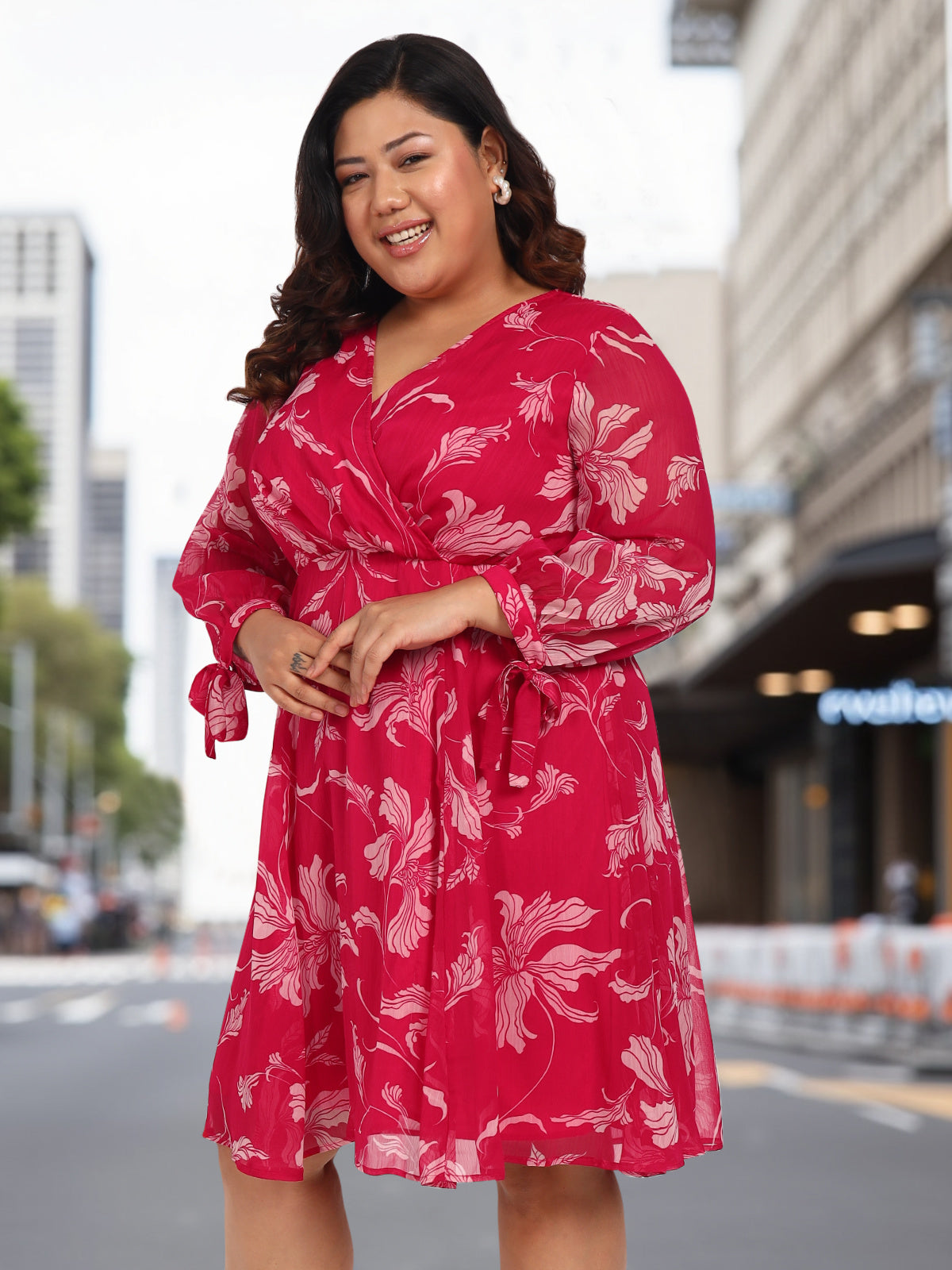 Women Pink White Plus Size Floral Western Dress