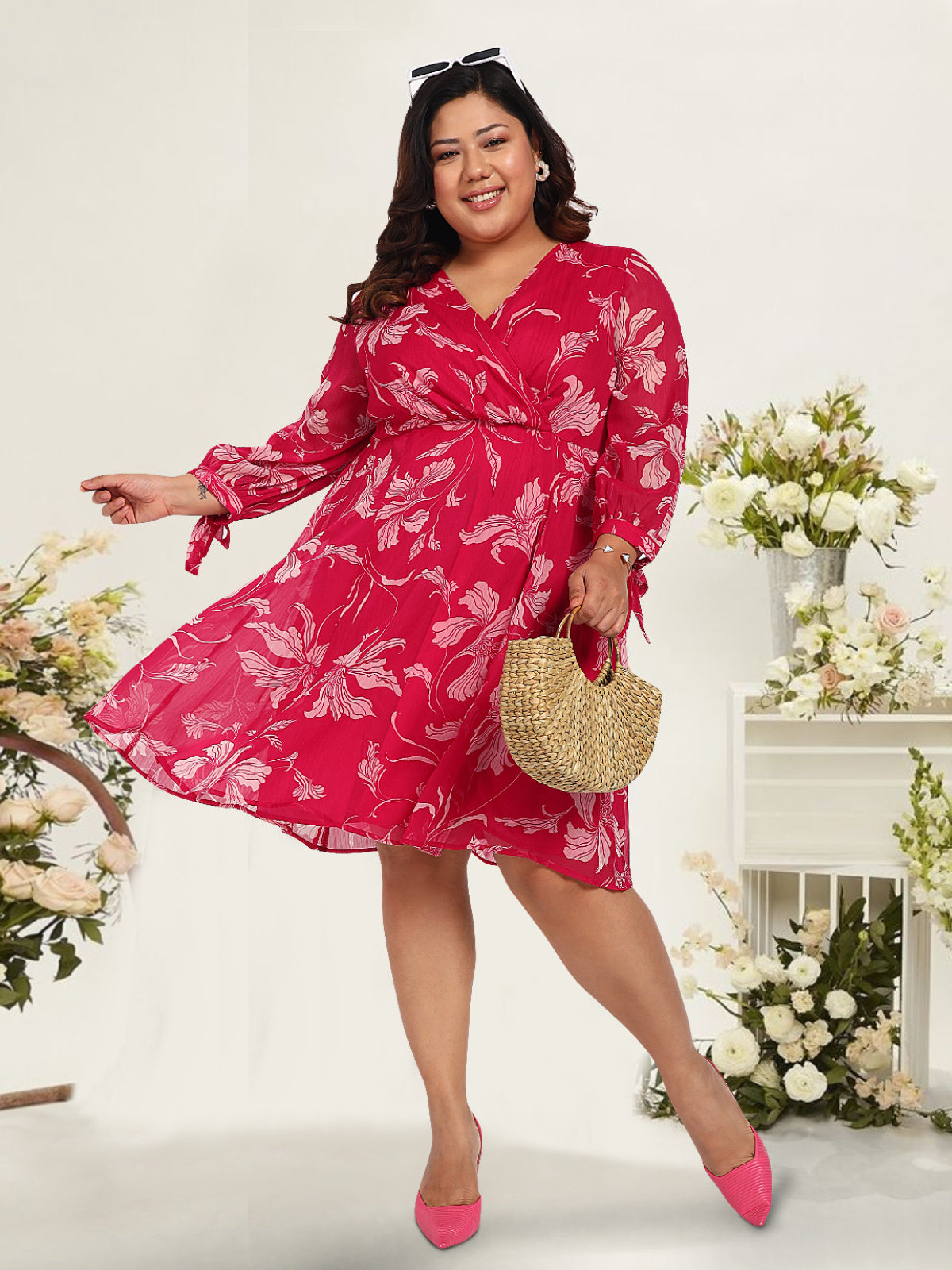Women Pink White Plus Size Floral Western Dress