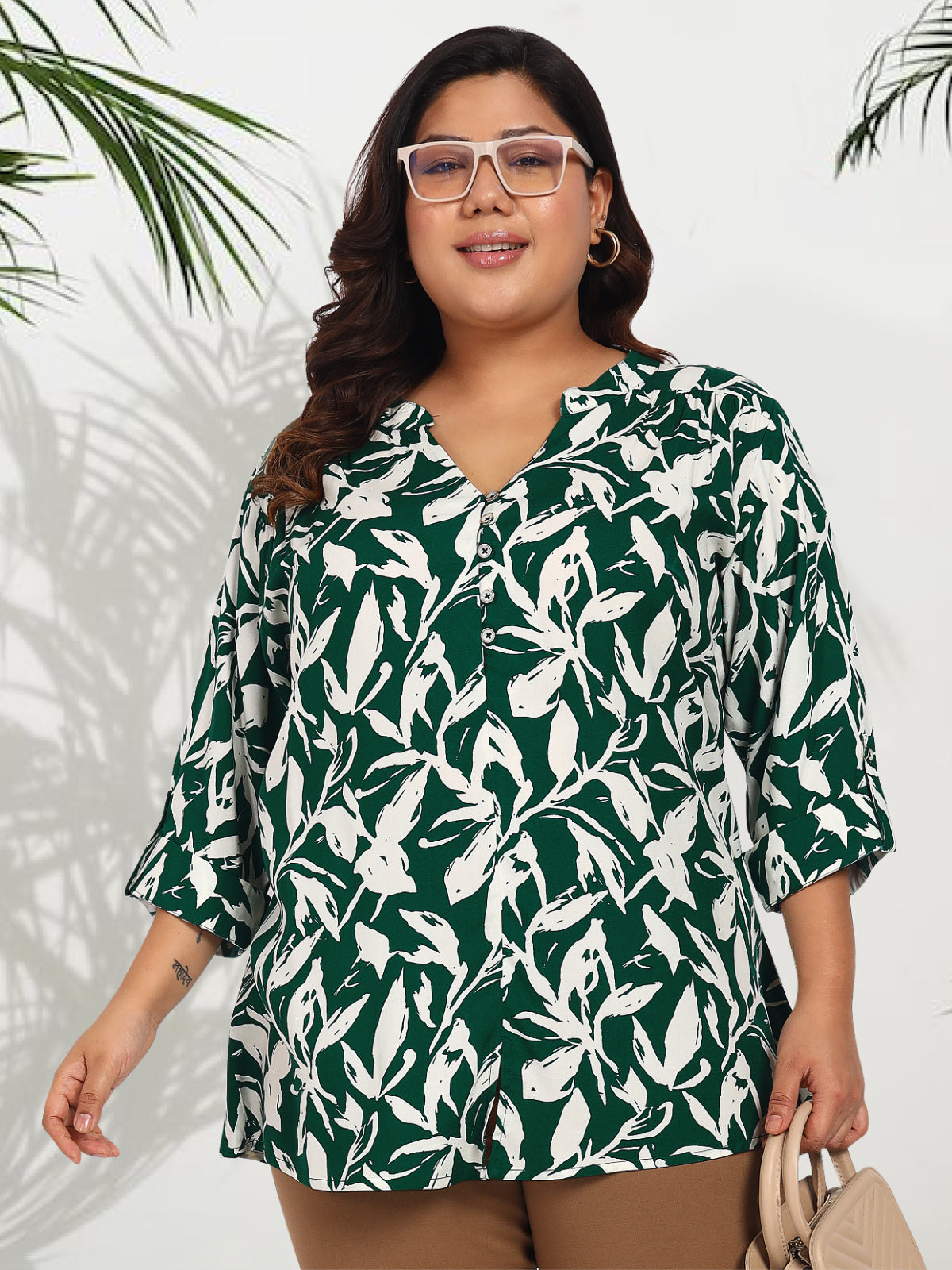 Women Black White Plus Size Buttoned Tunic Top