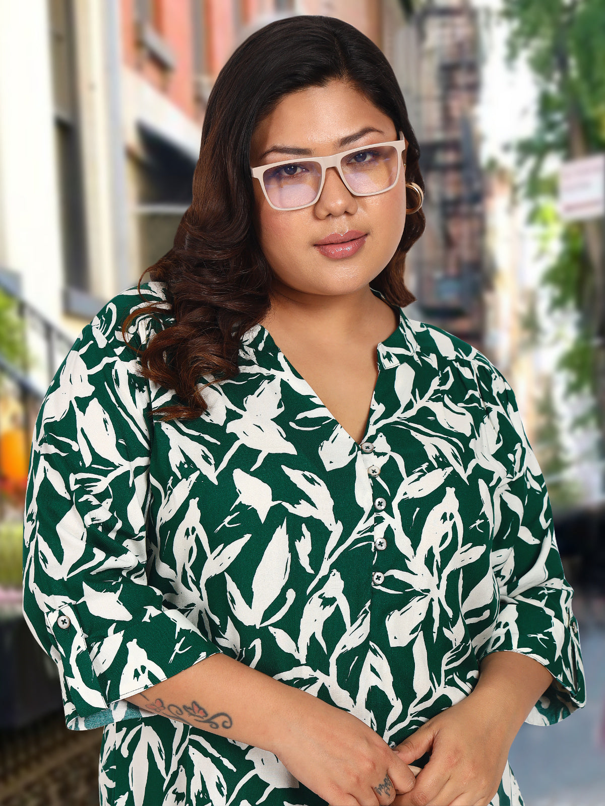 Women Black White Plus Size Buttoned Tunic Top