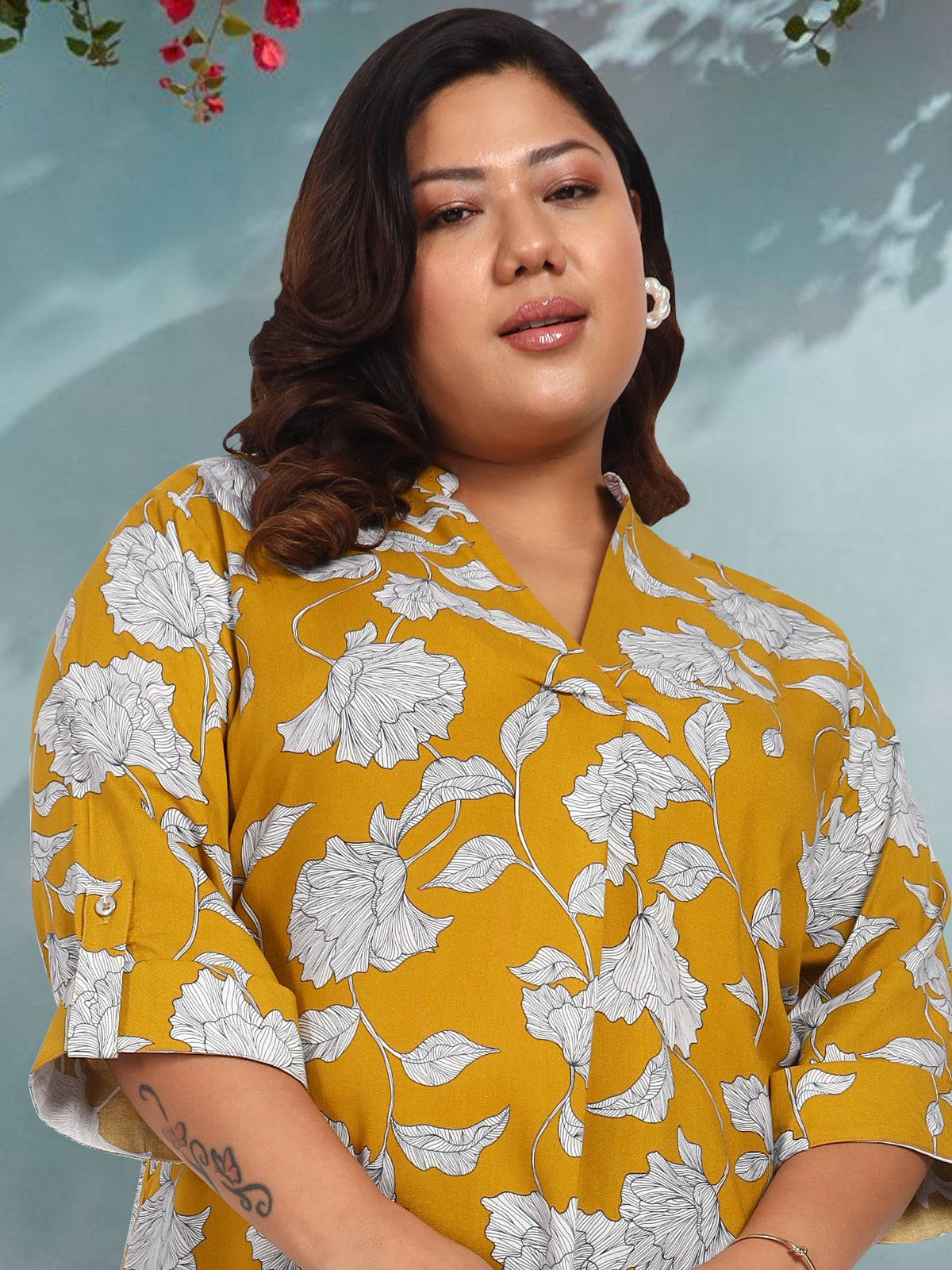 Women Black White Plus Size Buttoned Tunic Top