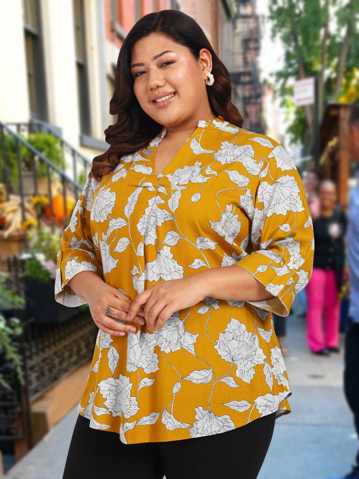 Women Black White Plus Size Buttoned Tunic Top