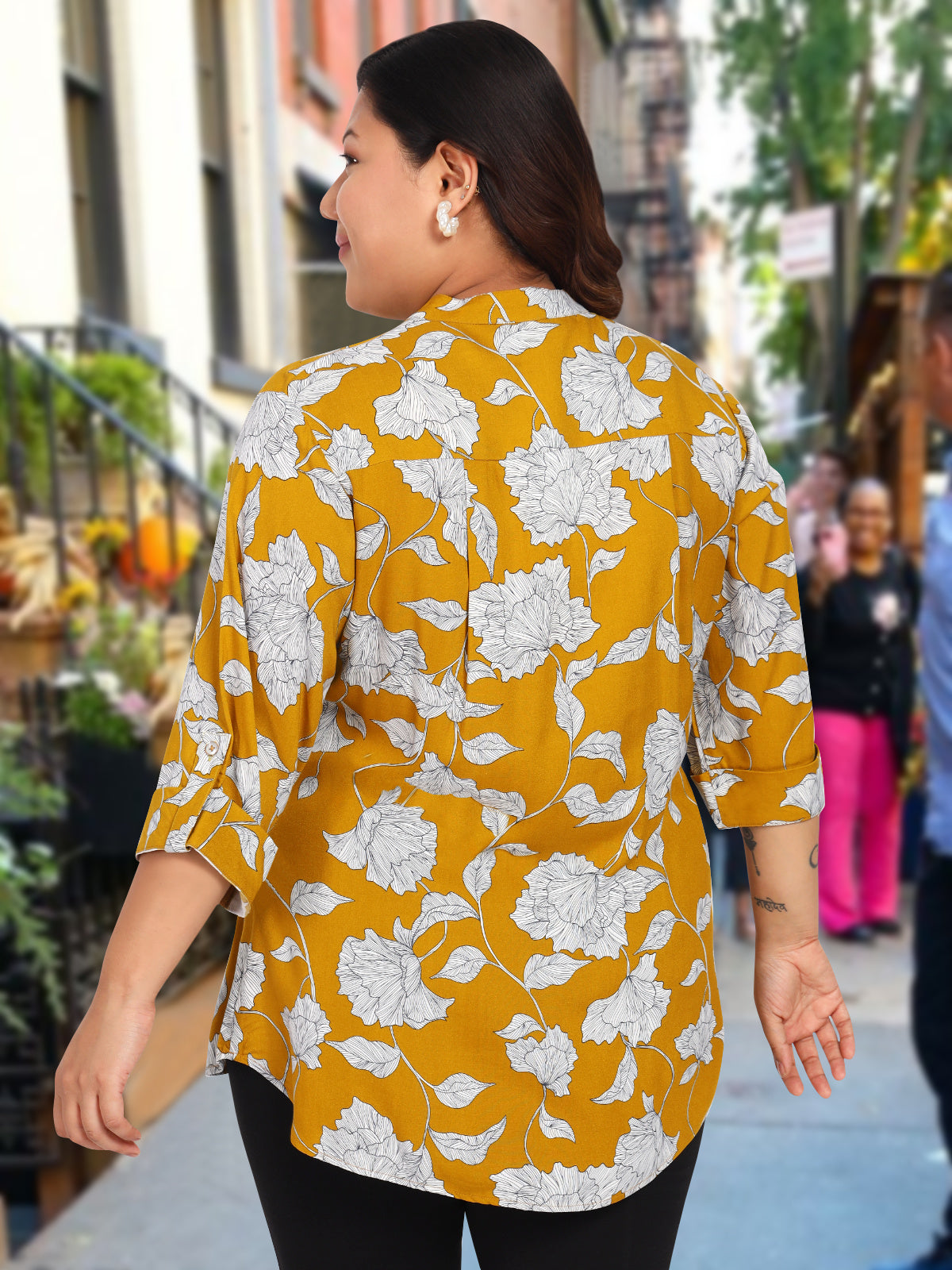 Women Black White Plus Size Buttoned Tunic Top