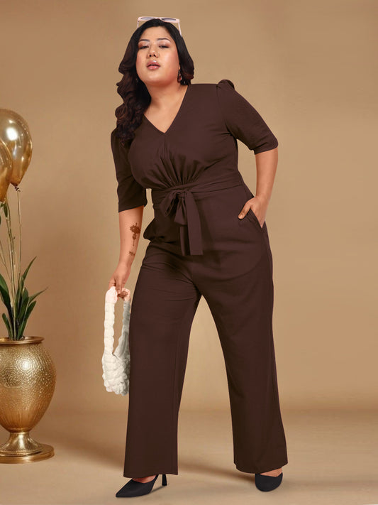 Brown Front Plus Size Tie Up Jumpsuit