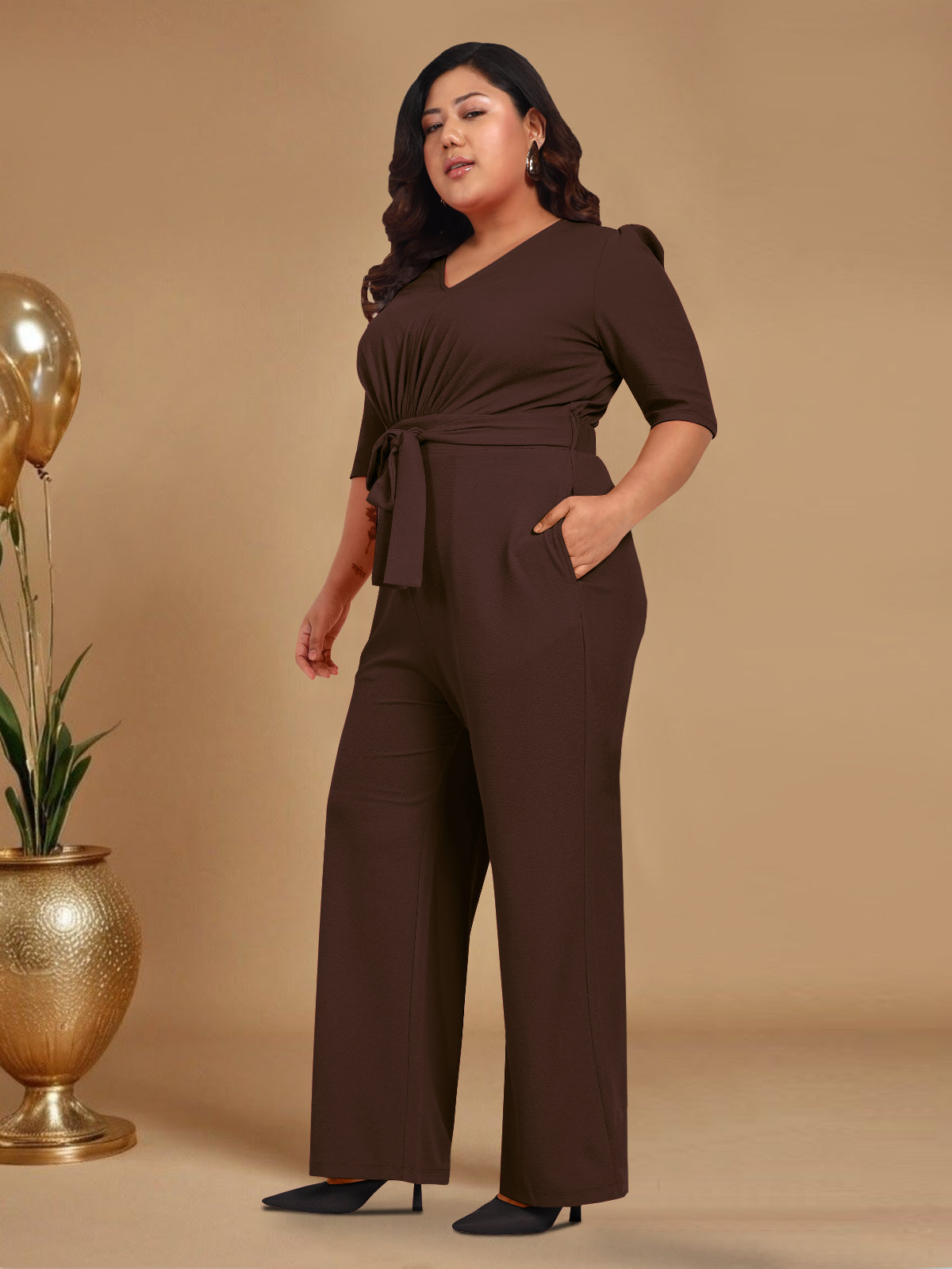 Brown Front Plus Size Tie Up Jumpsuit