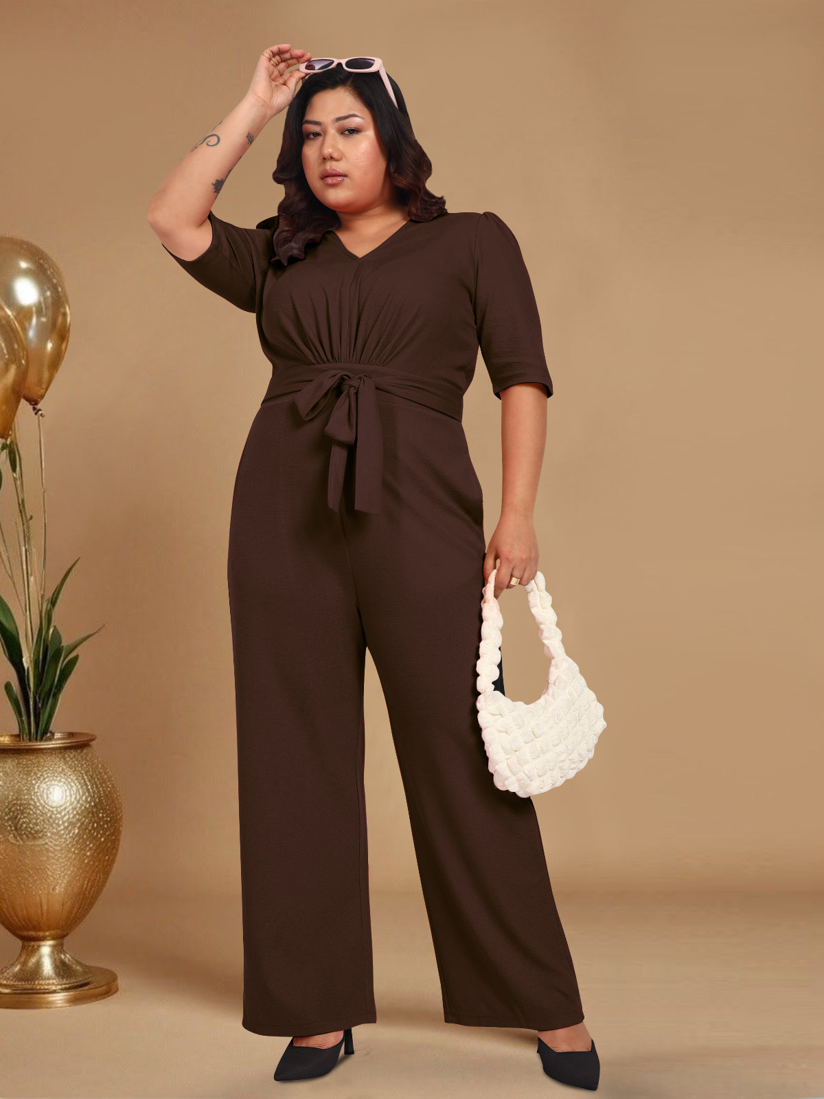 Brown Front Plus Size Tie Up Jumpsuit