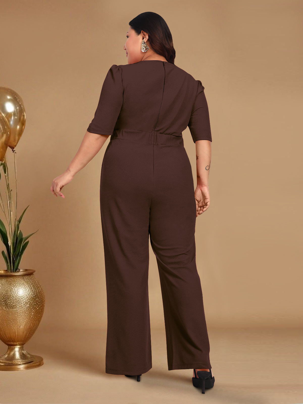 Brown Front Plus Size Tie Up Jumpsuit