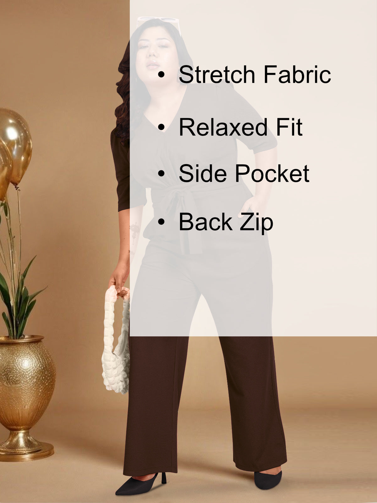 Brown Front Plus Size Tie Up Jumpsuit