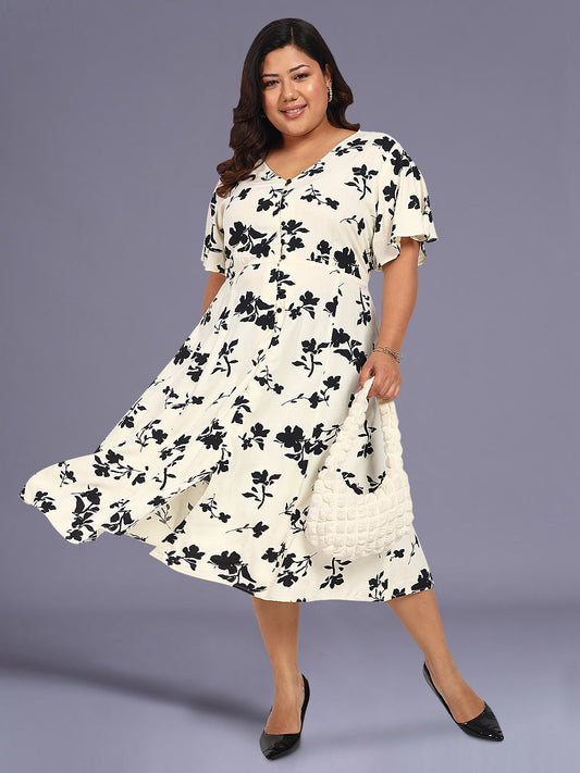 Women Western Off White Black Plus Size Printed A-line Dress